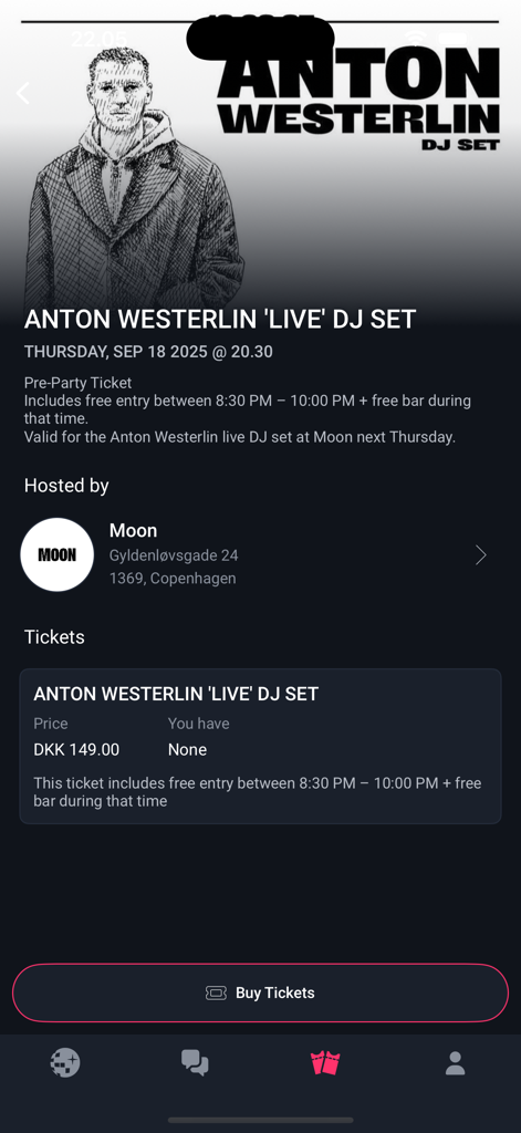 Nyx - nightlife platform - Event details for a live DJ set on the Nyx nightlife app showing ticket pricing and venue information.