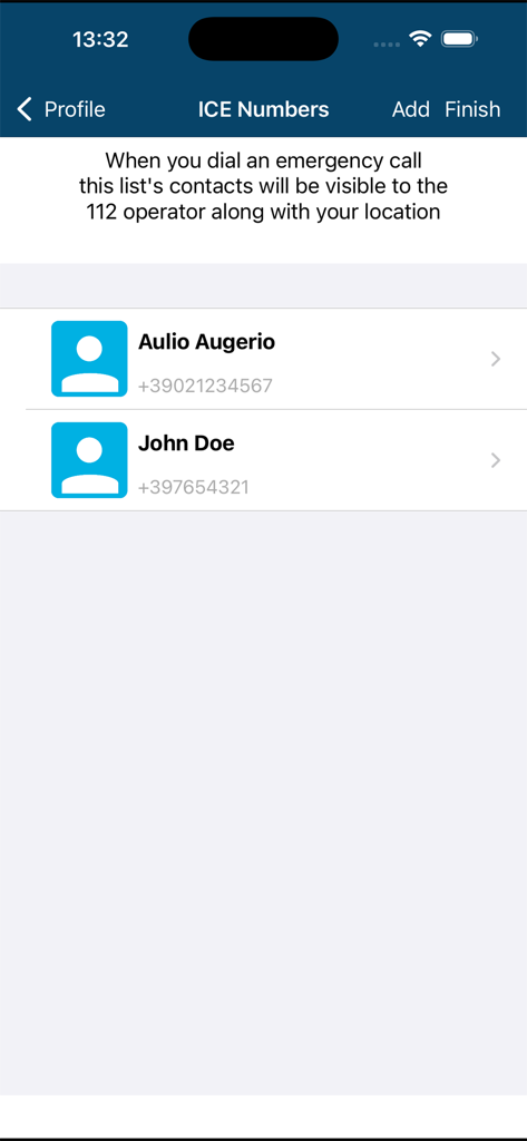 112 Where ARE U - A list of In Case of Emergency contacts on the 112 Where ARE U app screen showing names and phone numbers for emergency operators