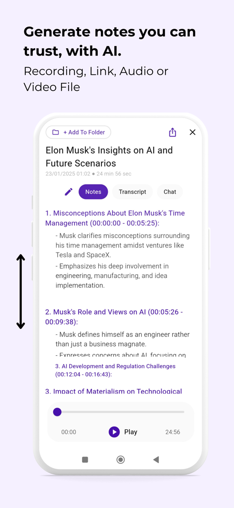Instant AI Notes & Transcript - AI generated notes and summary from an audio recording in the Instant AI Notes app