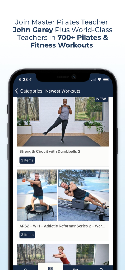 Pilates & Fitness TV - Screenshot of the Pilates and Fitness TV app showing a library of workout videos including strength circuits and reformer series