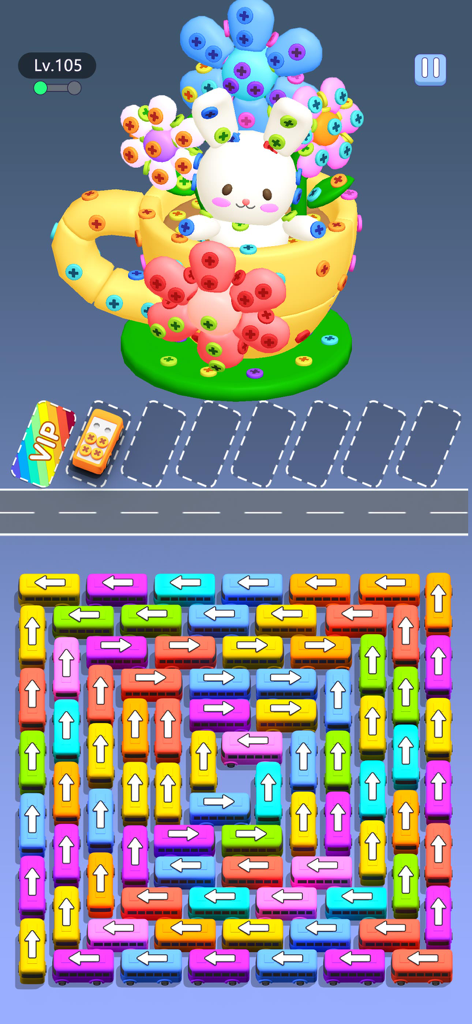 Screw Parking - Escape games - Mobile puzzle game interface featuring a bunny in a teacup covered in colorful screws and a grid of colorful buses below