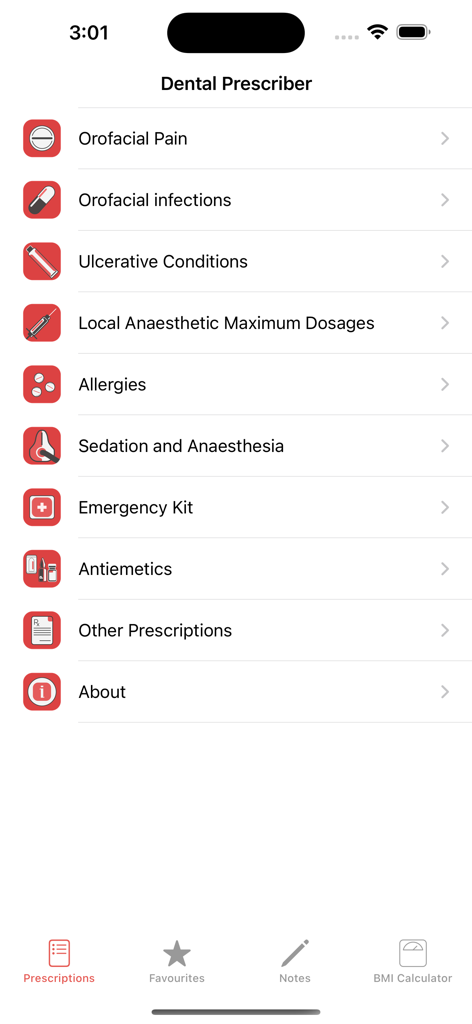 Dental Prescriber - Main menu of the Dental Prescriber app displaying clinical categories for dental prescriptions