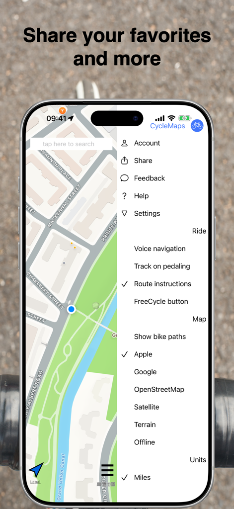 CycleMaps - CycleMaps app interface showing the main menu with map layer options sharing settings and navigation features