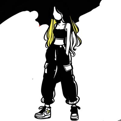 girl in baggy pants crop top and long hair