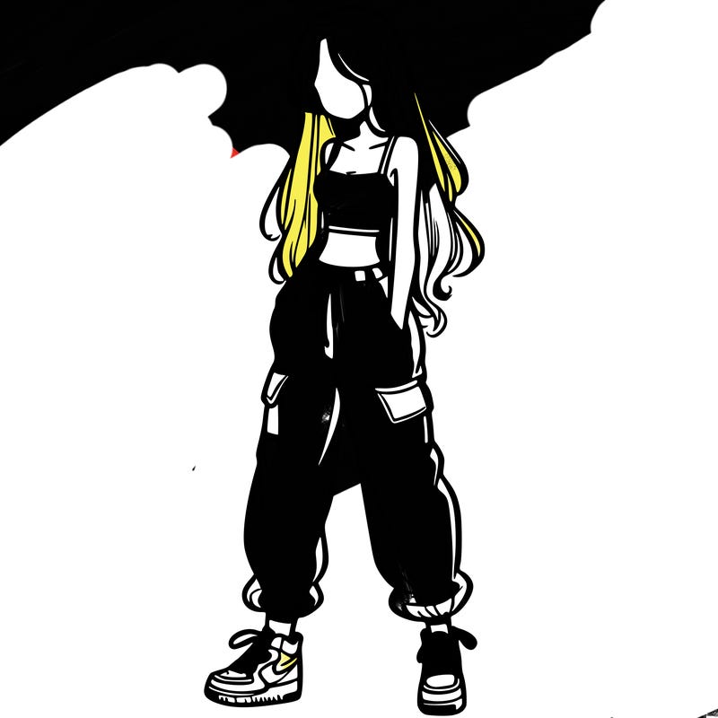 girl in baggy pants crop top and long hair