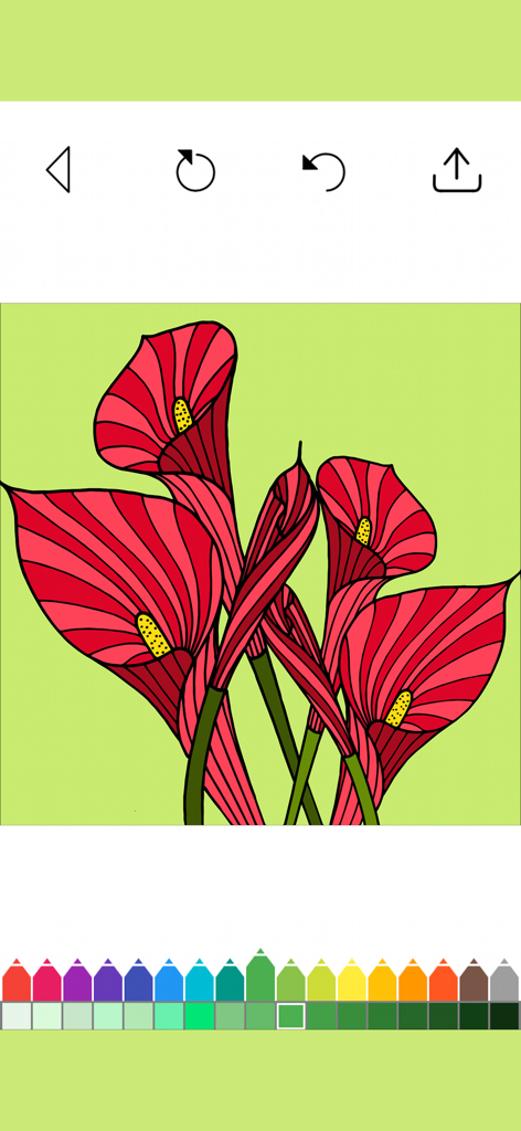 A coloring page featuring red calla lilies with a digital color palette at the bottom of the screen