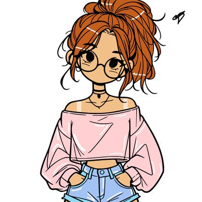 girl with a messy ponytail glasses a baggy crop top and jean shorts
