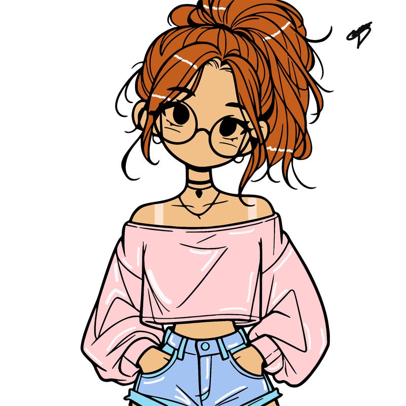 girl with a messy ponytail glasses a baggy crop top and jean shorts