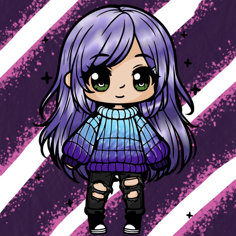 chibi girl with ripped jeans,long hair, and an oversized sweater