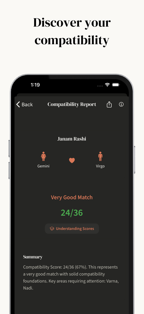 Om.AI – AI Astrology & Kundli - Om.AI app interface displaying a Vedic astrology compatibility report between Gemini and Virgo