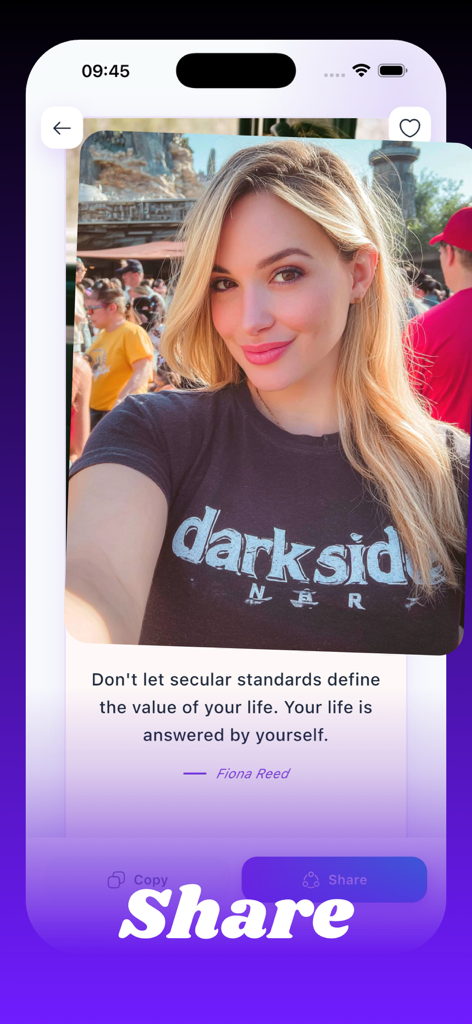 Baji~ - A mobile app interface from Baji showing a completed quote card with a personalized photo and inspirational text ready to be shared.