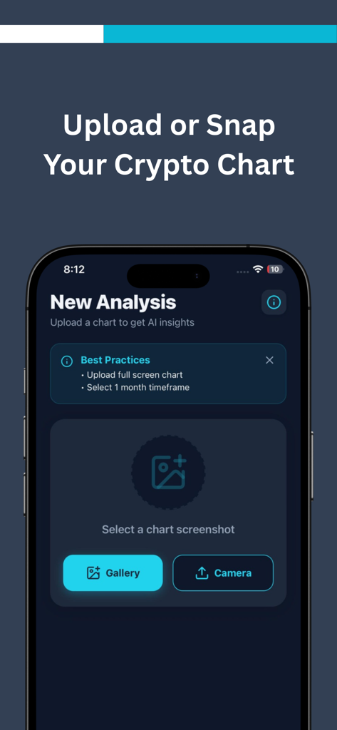 Snap Trade: Scan & Track - Tela do aplicativo Snap Trade mostrando opções para carregar ou tirar uma foto de um gráfico de criptomoedas para análise de IA.