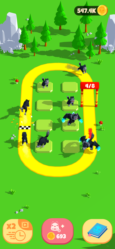 Cute Monsters Merge - Jugabilidad de Cute Monsters Merge mostrando monstruos lobo corriendo en una pista circular para ganar oro.