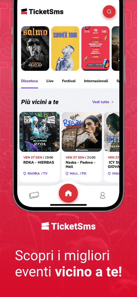 TicketSms - Interfaccia app TicketSms che mostra concerti ed eventi nei club locali vicino all'utente