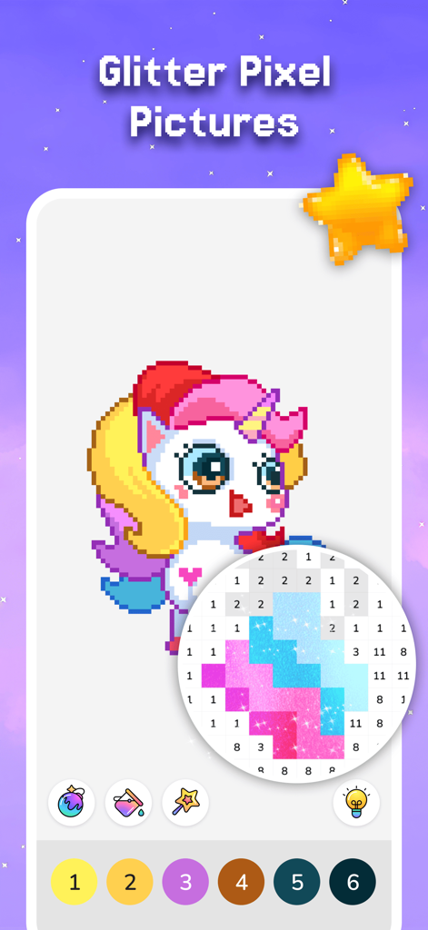 Pixel Coloring-Color by number - Un unicornio pixelado con efectos brillantes en una interfaz de juego de colorear por número