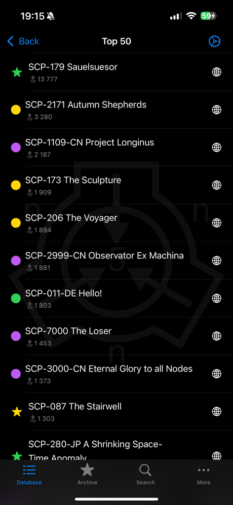 SCP Foundation Archive nn5n - List of top rated SCP entries in the SCP Foundation Archive mobile app dark interface