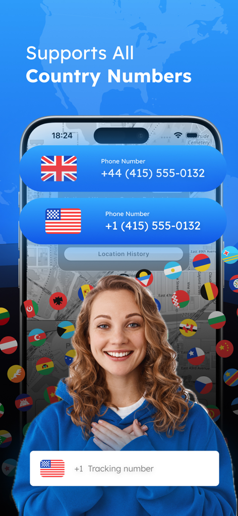 Phone Location GPS Tracker - Screenshot of Loc365 app highlighting international phone number support for GPS tracking