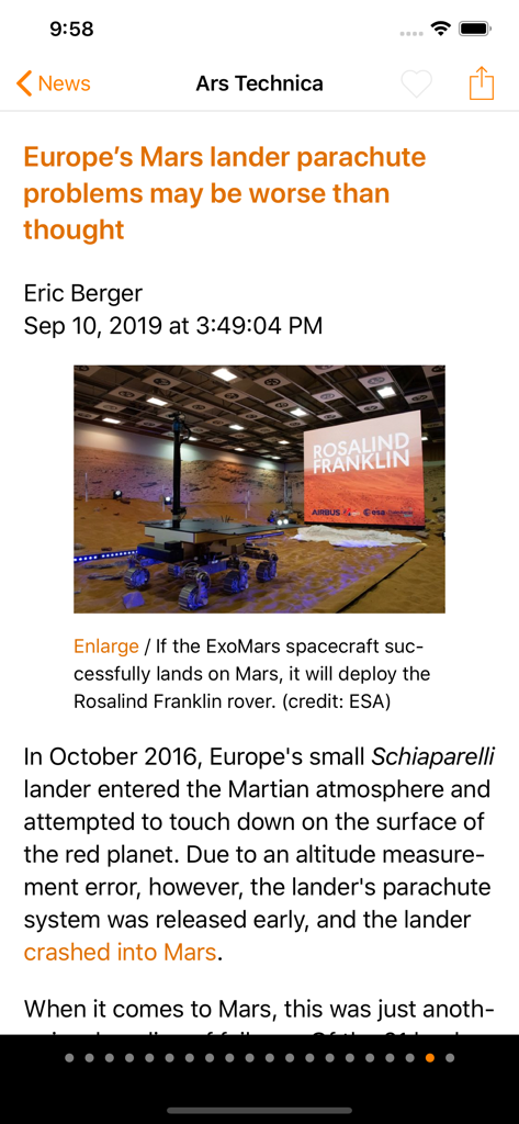 Lector RSS Heartfeed mostrando un artículo de noticias tecnológicas de Ars Technica.