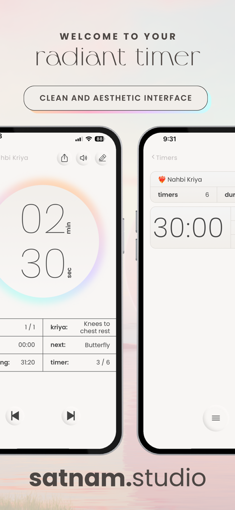 Klare und ästhetische Benutzeroberfläche der Satnam Kundalini Yoga Timer-App, die eine Kriya-Sequenz zeigt