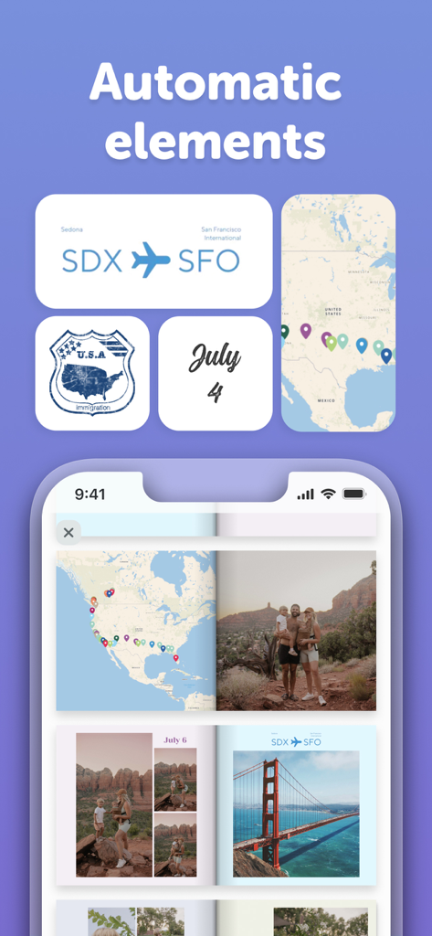 Journi Print app interface highlighting automatic map and date features for custom travel photobooks.