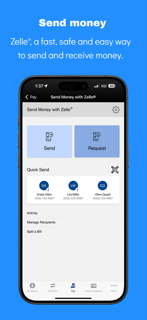 Fulton Bank mobile app interface showing Zelle money transfer options including send and request