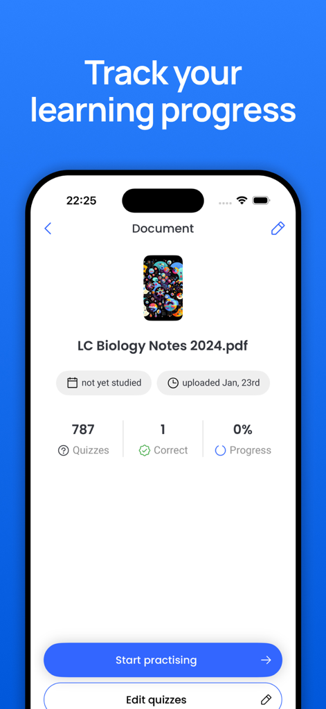 Hesse Cards - Hesse Cards app interface showing study progress and quiz statistics for biology notes.