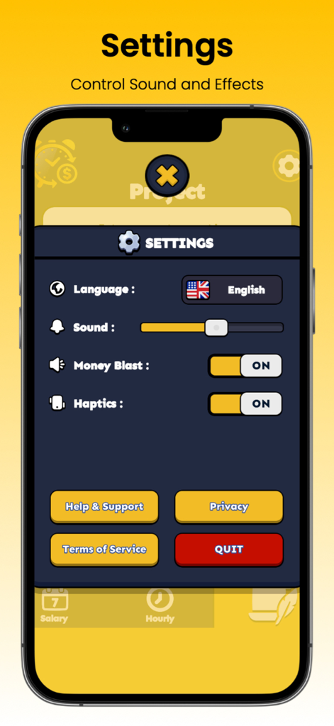 Money Clock: Income Visualizer - Settings menu of the Money Clock app showing options for language sound effects and haptic feedback