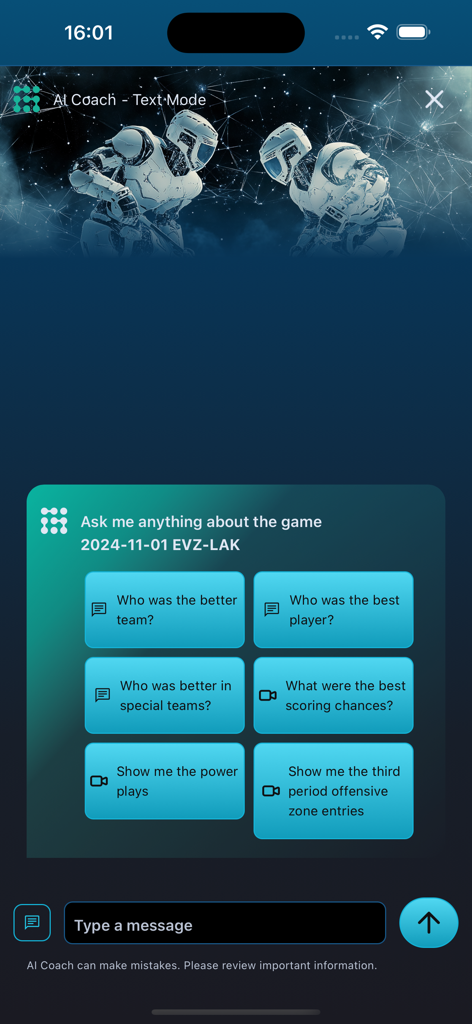 Hockey AI - AI Coach chat interface in the Hockey AI app with options to ask about game performance