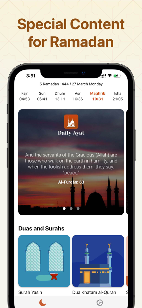 Iftar: Countdown Ramadan Table - Iftar app interface showing daily prayer times and an inspirational Quran verse card