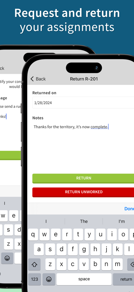 Interfaz de la aplicación Territory Helper para devolver una asignación de territorio con notas y estado de finalización