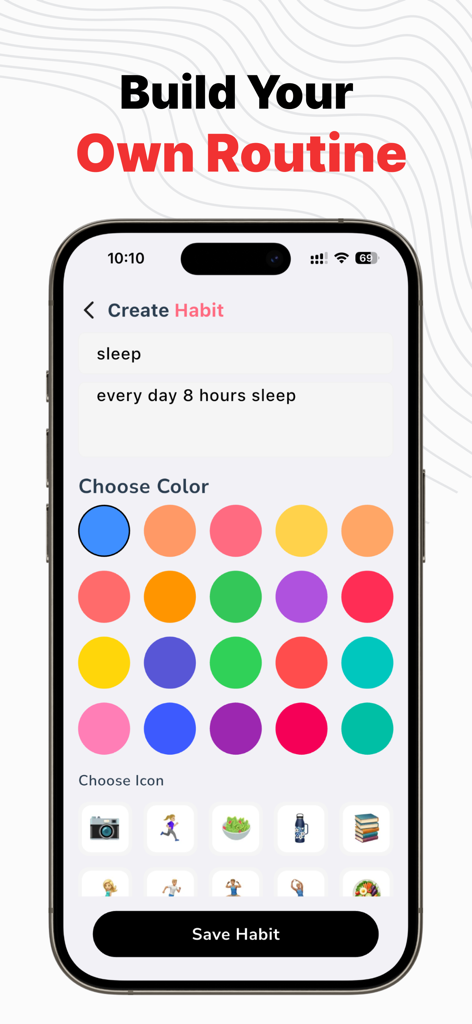 75 Soft : Habit & Goal Tracker - Interface of the 75 Soft app showing the Create Habit screen with customizable color and icon options.