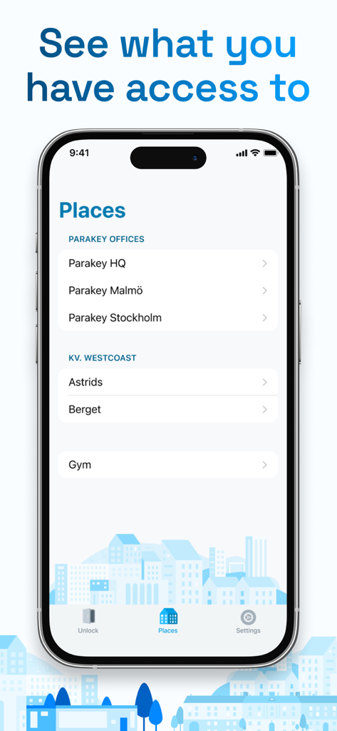 Parakey - A smartphone displaying the Parakey app's Places screen listing several accessible locations like offices and a gym.