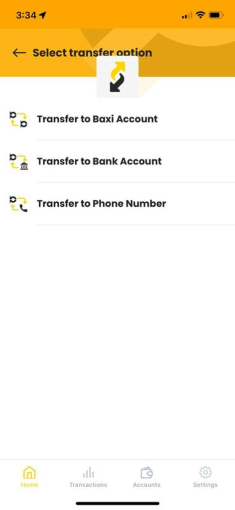 Baxi Mobile - Baxi Mobile app interface for selecting money transfer options