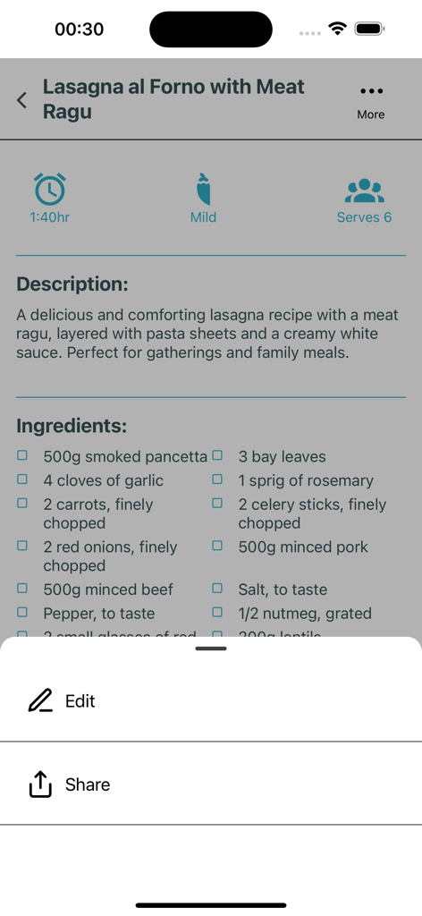Culina: Ultimate Recipe Book - Interfaccia dell'app Culina che visualizza una ricetta di lasagne con elenco degli ingredienti e un menu per modificare o condividere.