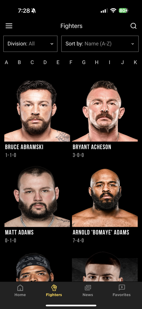 BKFC+ Beta - List of bare-knuckle fighters on the BKFC plus app showing fighter names and records