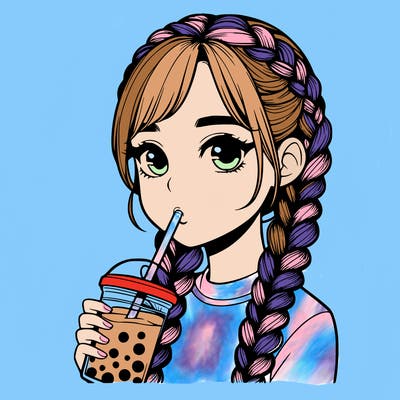 realistic girl with braided hair drinking boba