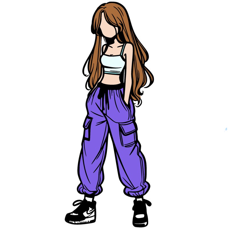 girl in baggy pants crop top and long hair