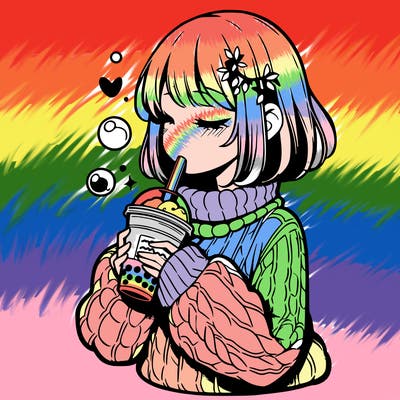 manga girl drinking boba in cozy sweater