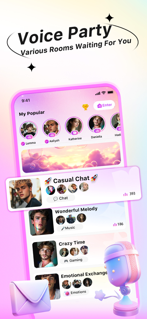Piko: Voice Chat & Party - Piko app interface showing various voice chat rooms for casual conversation, music, and gaming.