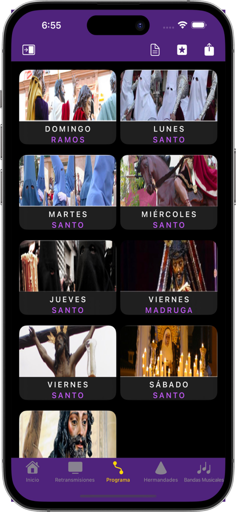 Interface de l'application mobile montrant le programme quotidien des processions pour la Semaine Sainte à Séville