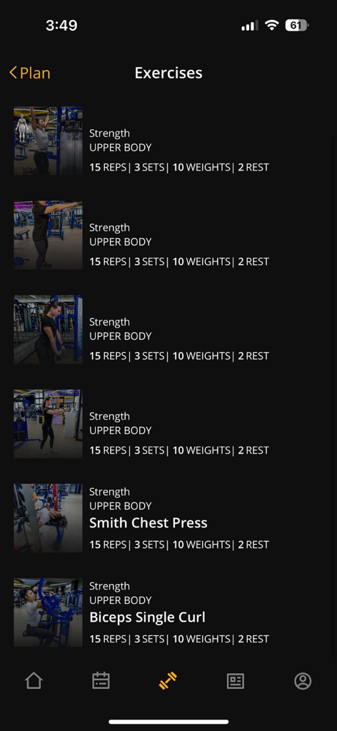 A list of upper body strength exercises in the Fitness Map app showing reps and sets