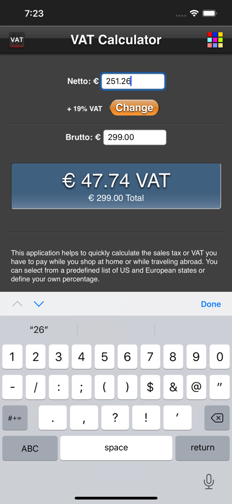 VAT Calculatorアプリのユーザーインターフェース。ユーロでの売上税計算が表示されています。