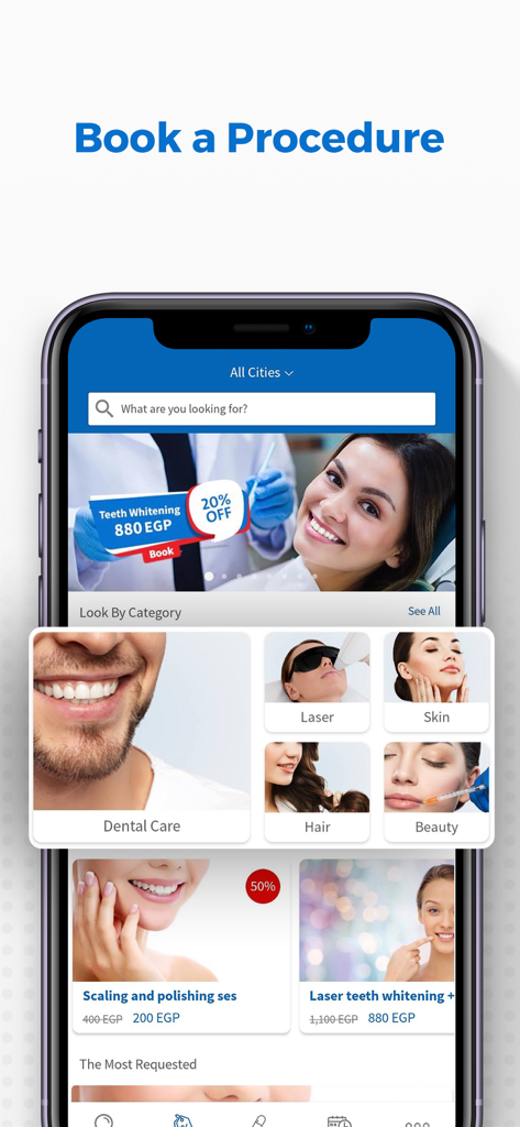 Vezeeta - Doctors & Pharmacy - Vezeeta mobile app screen showing options to book medical procedures including dental care laser and skin treatments with discounted prices