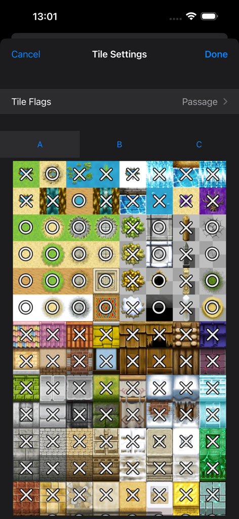 Interfaz de Mapper MZ mostrando flags de paso de tile y ajustes para tiles de mapa de RPG Maker MZ