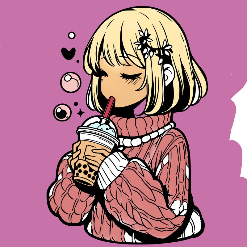 manga girl drinking boba in cozy sweater