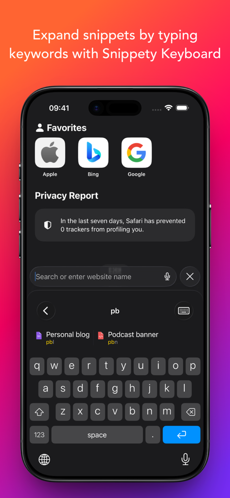 Snippety - Snippets Manager - Tela do iPhone mostrando o teclado personalizado Snippety expandindo snippets digitando uma palavra-chave curta.