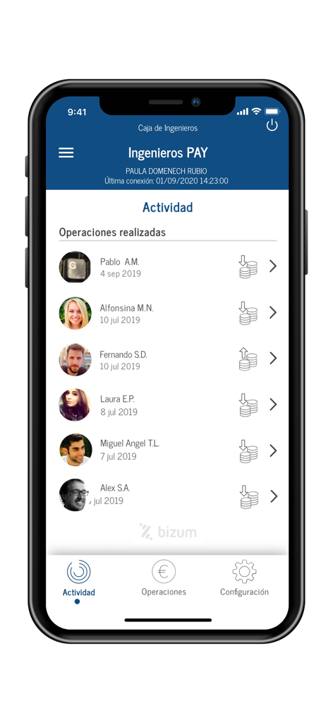 Pantalla de actividad de la aplicación móvil Ingenieros PAY que muestra una lista de transacciones recientes de Bizum con nombres de contactos y fechas.