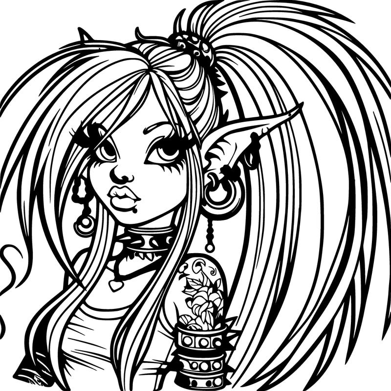 punk fairy with long ponytails and long ears human like with nose and beautiful lips and clothing