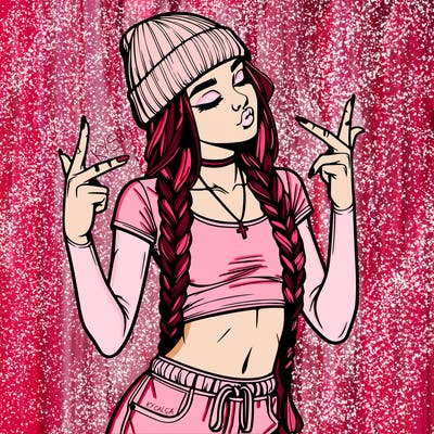 realistic teenage girl with braids and a beanie and crop top doing 🫶🏼