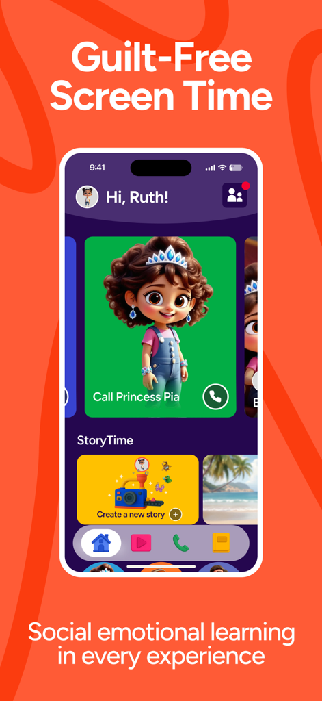 Giant app interface showing guilt free screen time and social emotional learning features for kids